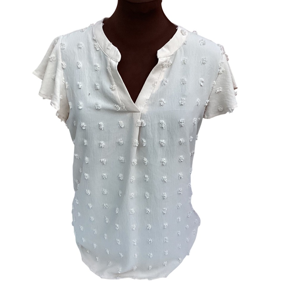 Merokeety Cream Swiss Dot Flutter Sleeve V-Neck Blouse Top Small